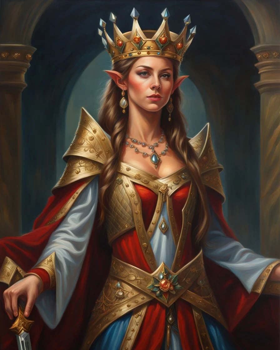 Retrato de Reyna Elfo, guerrera con túnica y corona, cuerpo completo, calidad ultra, hiperdetallado, pintura al óleo, obra de arte, 8k