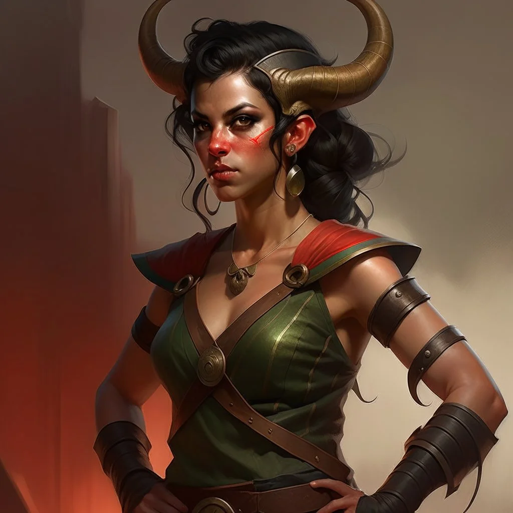 a beautiful dark haired tiefling woman in a sleeveless battle outfit,