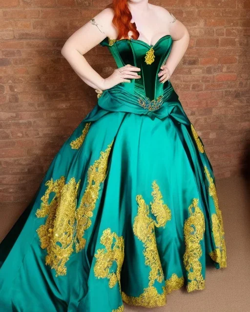 princess with long auburn hair in a big teal green and gold satin ballgown corset off shoulder top in a castle