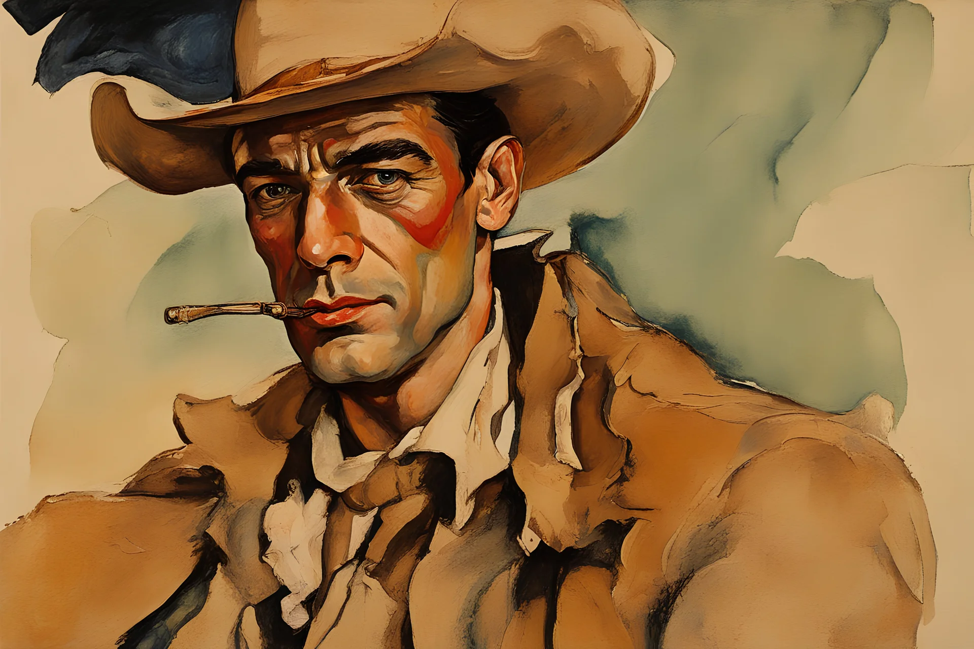 Painting of Gary Cooper as a cowboy, in the Expressionist style of Egon Schiele, Oskar Kokoschka, and Franz Marc, in muted natural colors