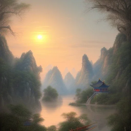 uma paisagem chinesa com rios e arvores, nascer do sol ao fundo, desenho a lapis, tons pastel, luz suave, passaros a passar