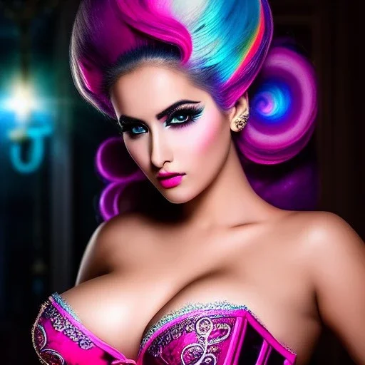 Ultra detailed fullbody Portrait in oil on canvas of beautiful busty lady with Dynamic CottonCandy Filigree Hair,intense stare,wearing tight corset ,extremely detailed digital painting, extremely detailed face,crystal clear Big eyes, mystical colors ,perfectly centered image, ,perfect composition, rim light, beautiful lighting,masterpiece,16k, stunning scene, raytracing, anatomically correct, in the style of robert e howard and Ken Kelley and Ohrai Noriyoshi and Simon Bisley and tomzj1