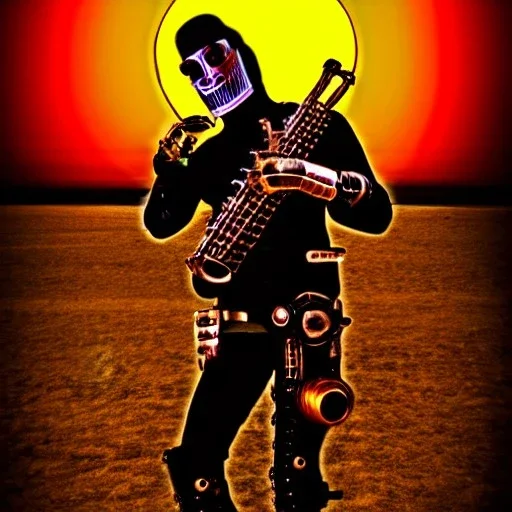 cyborg one man band, instruments, full moon background center large, steampunk style, 3d, hd