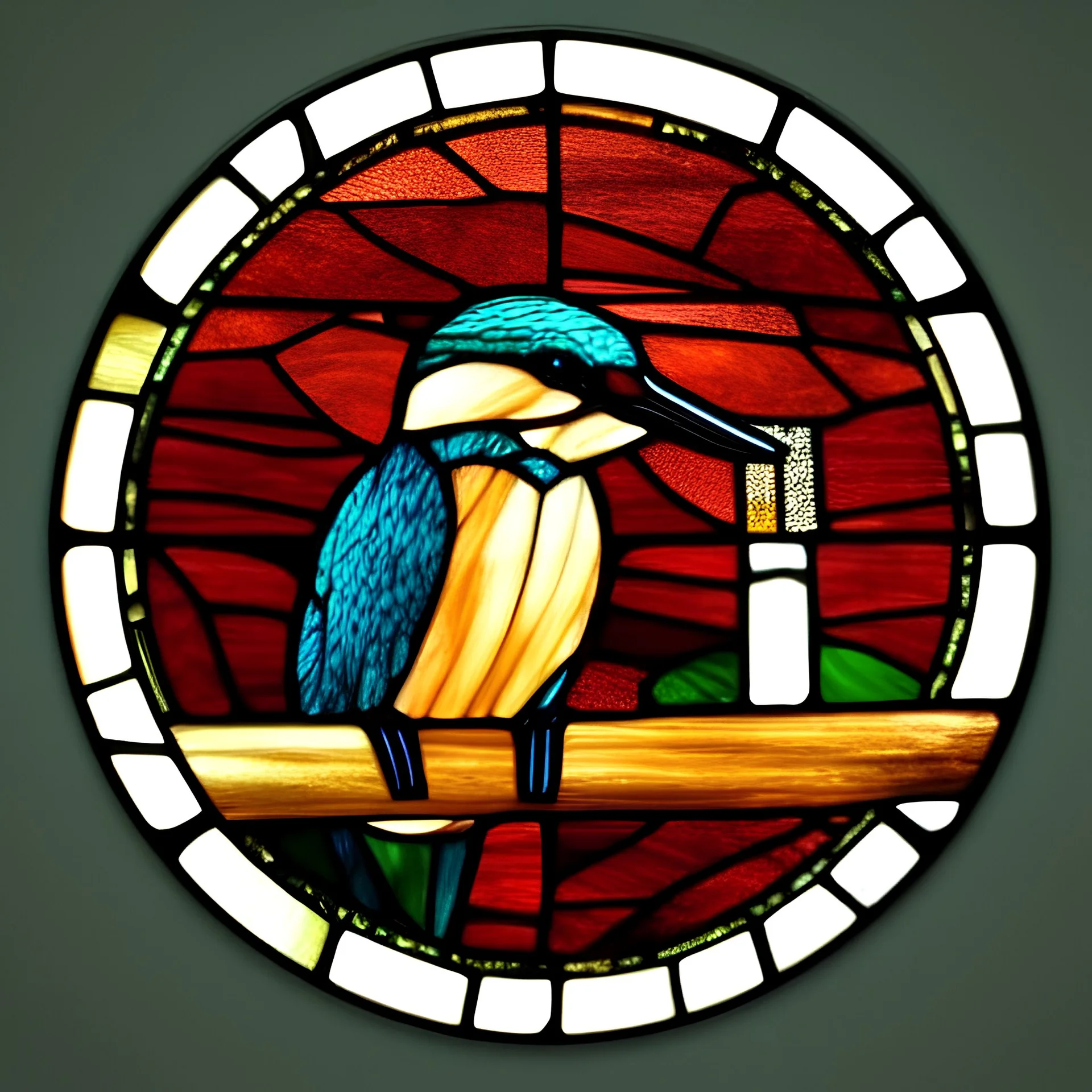 round coaster of kingfisher with stained glass window effect, highly detailed, intricate, warm colors, stained glass window, glossy from rain, warm lighting, dramatic lighting