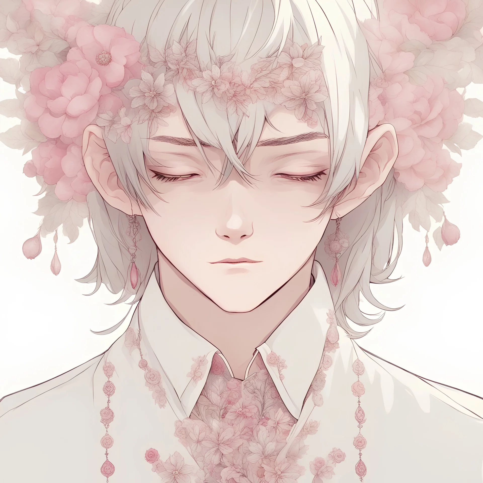 a beautiful demon boy with his eyes closed and lonk eyelashes, wears a smart shirt which is embroidered with pink flowers and ornaments