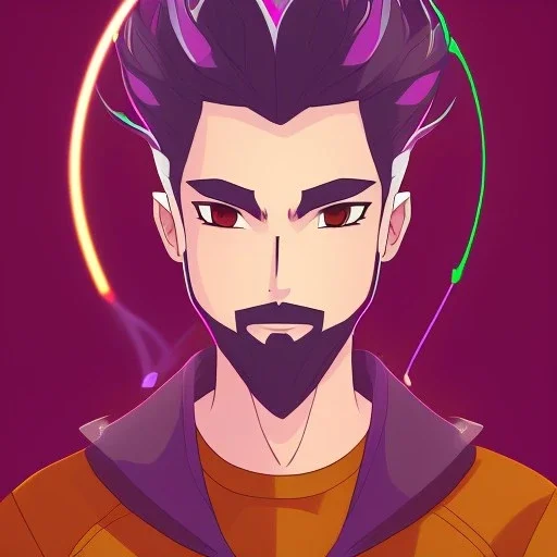 anime discord profile picture of man with short black hair with red streaks, with purple dragon horns on top of his head, looking mischievous