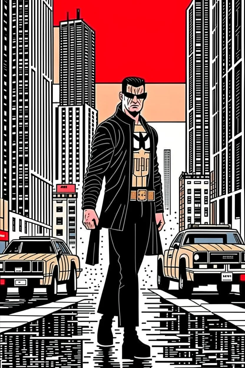 punisher sku;; CITY WALKING IN THE STREET TOWARDS THE CAMERA the style of Hiroshi Nagai