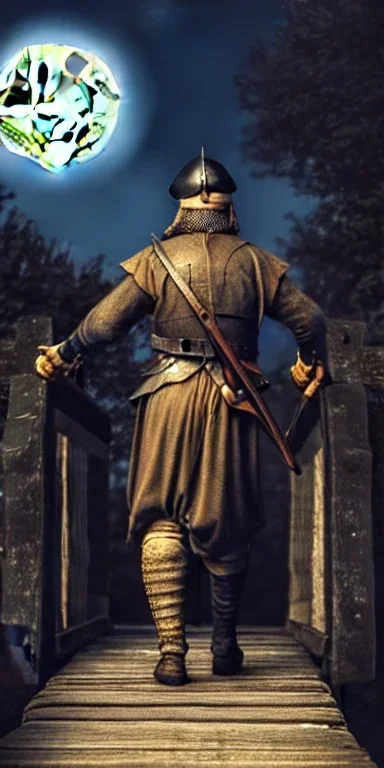 A medieval Soldier walking on the bridge , night , full moon , realistic , high resolution , HD , 1920pX1080p , dark