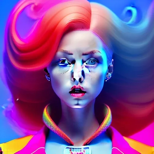 red hair woman, smile, purpurin, minimal latex dress, oversize velvet coat, gradient color, BLUE, PINK, CYAN, neon, insanely detailed, 16k resolution, perfect eyes, cinematic smooth, intricate detail