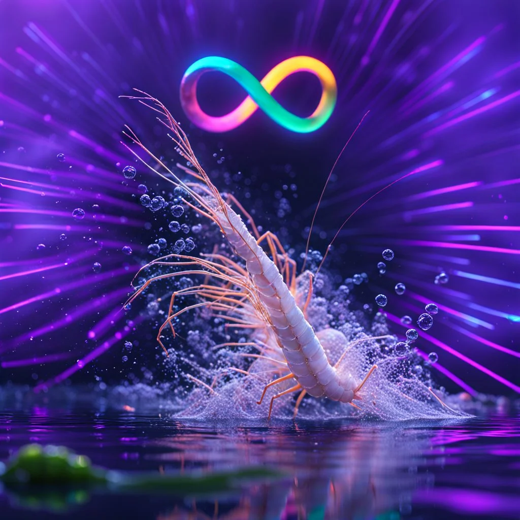 infinity symbol ∞ with vibrant powerful shrimp coming out of the water, striking, neon, chiaroscuro, dramatic, captivating, powerful, fantasy, beautiful, octane render, 16k post-production, artstation: award-winning: atmospheric: commanding: fantastical: clarity: ultra quality: striking: brilliance: stunning colors: amazing depth; lens: f/11, 35mm