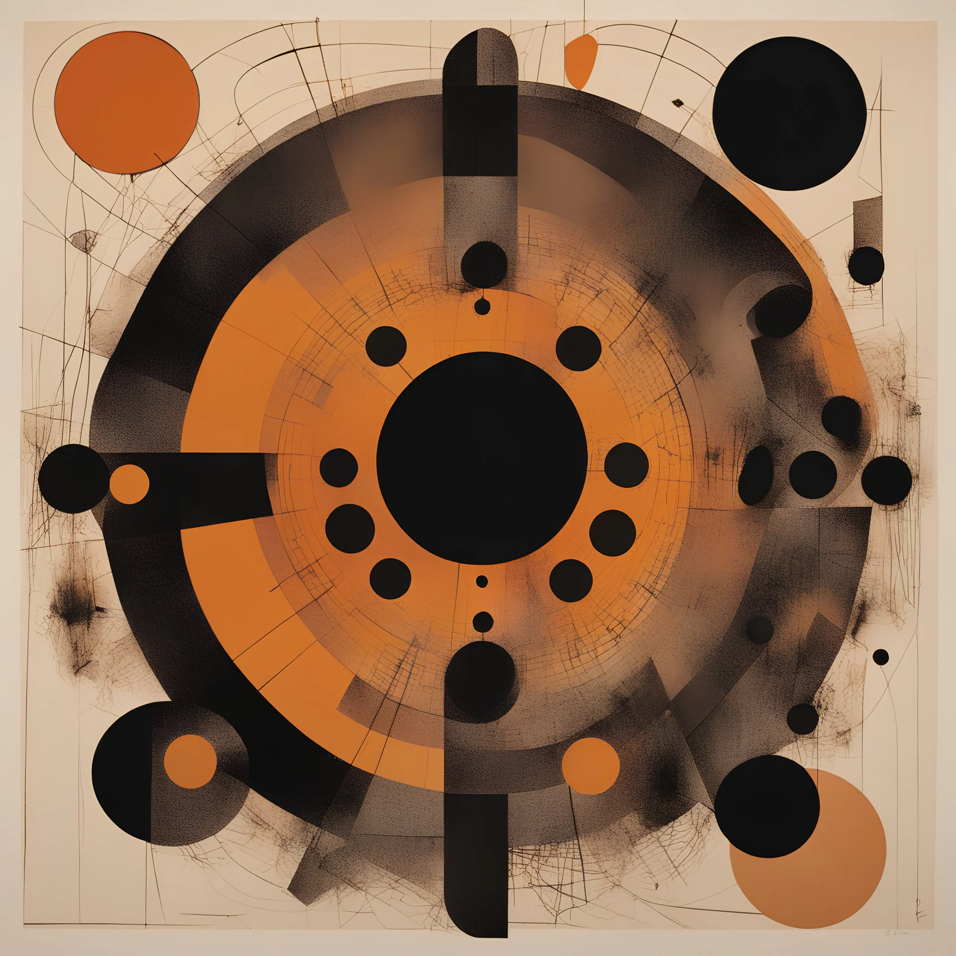 nyctophobia nightmare, abstract geometric art, by Ray Johnson, mind-bending illustration; asymmetric, 2D, warm colors, dark shine burn, precise angles and bisected circles
