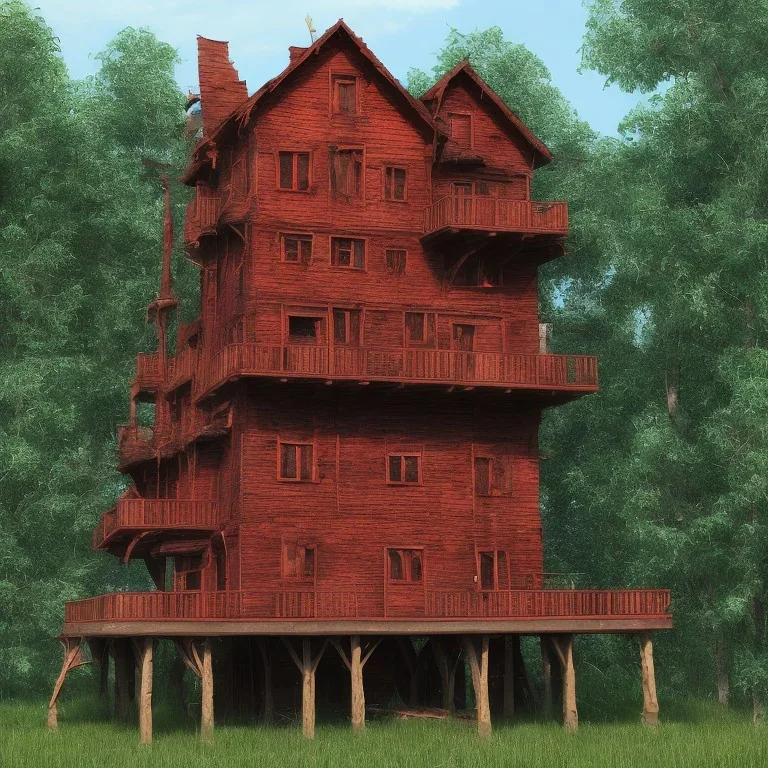 Exterior of a large 4 story high red wooden house with 2 doors. One half is in good condition and the other half is rotten and moldy.