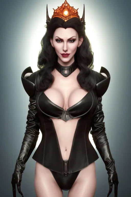 Brandi Love as evil queen in black leather, leather, busty, cleavage, angry, stern look. character design by cory loftis, fenghua zhong, ryohei hase, ismail inceoglu and ruan jia. unreal engine 5, artistic lighting, highly detailed, photorealistic, fantasy