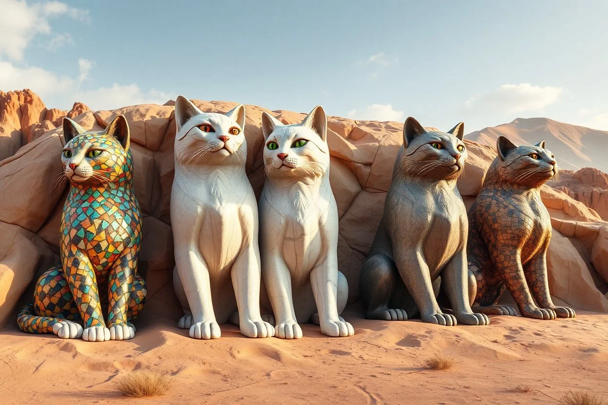 create five colossal cat statues carved into a desert mountain in the Gobi Desert. One cat is sculpted from colorful mosaic stones with intricate tile patterns and vivid glass colors. The others are carved from white marble, polished granite, aged bronze, and rough granite stone. Each cat has realistic feline features, unique facial expressions, sharp ears, and lifelike eyes. Wide-angle desert scene, cliffs and sand dunes in the background, dramatic cinematic lighting, ultra-detailed textures, r