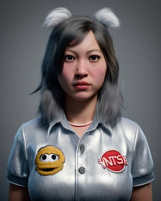 Portrait, waitress woman with monster muppet mask that covers her entire head, retro style, Asian, Sesame Street style, silver, smooth, unreal engine 5, god lights, ray tracing, RTX, lumen lighting, ultra detail, volumetric lighting, 3d.