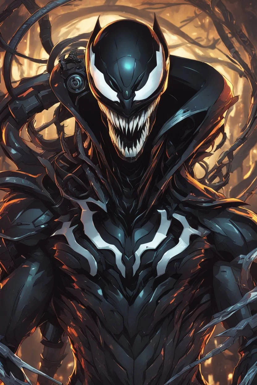 Venom mix with machine in solo leveling shadow artstyle, cyberpunk them, intricate details, highly detailed, high details, detailed portrait, masterpiece,ultra detailed,best quality