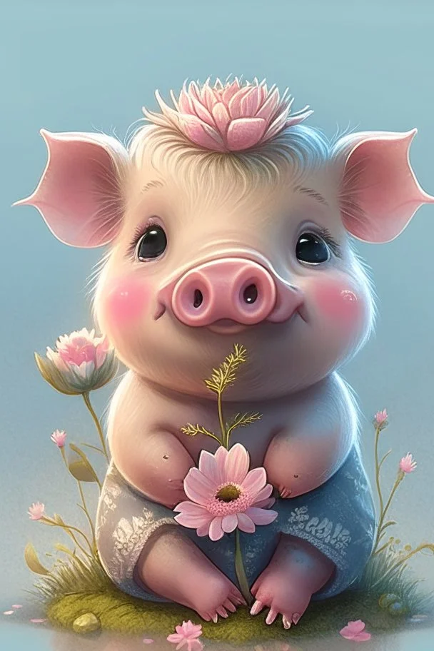 dorable cute happy baby scottish highland pig with dreamy eyes, sitting down and holding a flower, nursery art, very rendered polished Perfect, smooth edges, flawless Facial Features, Stunning, Whimsical Fantasy, Cute, Highly Detailed, Well Rendered, cartoon, illustration