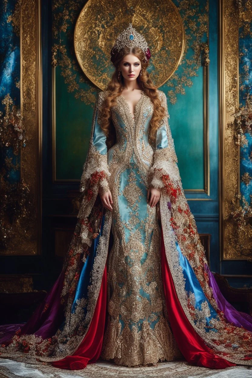 Gorgeous photography full body Beautiful super model Russian dressing Luxury gown Victorian colorful art conceptual, amazing artwork,close-up portrait,crystal ornaments background