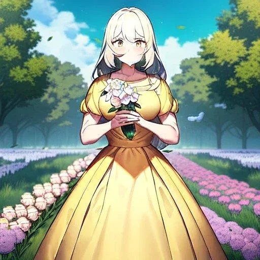 beautiful anime girl holding on to a flower and blowing the dried seeds into the air as the wind carries them away. outdoors scene.anime girl standing in a meadow of flowers. thw wind is blowing flower pedals into the wind. girl wearing yellow dress. more emphasis on seeds floating in the air. lots of seeds floating the air. lots of flower pedals floating the air behind the girl. rose pedals all over the ground.emphasis detail on the girls eyes, mouth and nose.