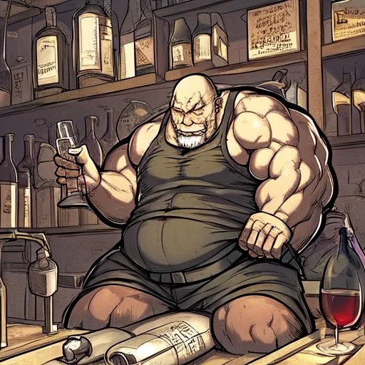 burly ugly 58 year old man bald with short beard and tank top manly chest chooses a bottle of wine in a cellar full of wine bottles dramatic light angry eyes highly detailed