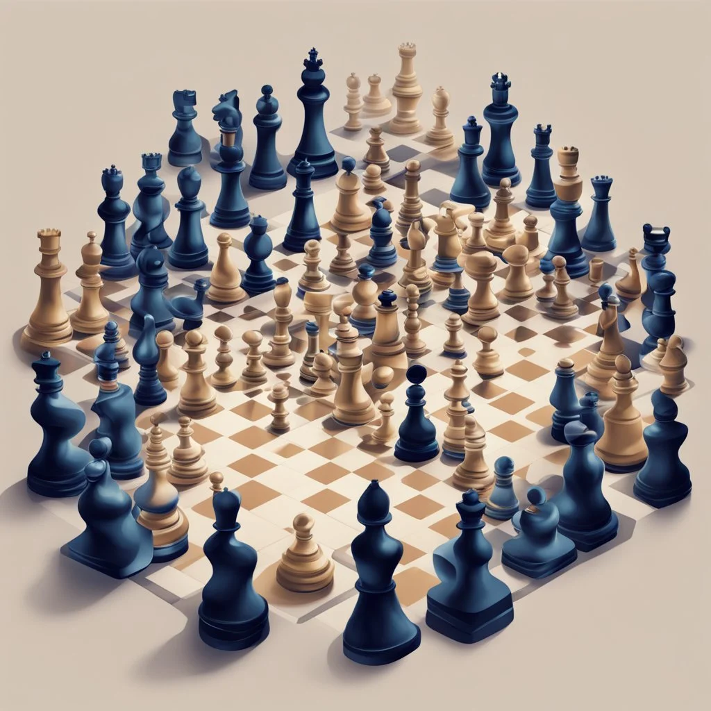 illustration of A digital artificial world of social media filled with chess pieces, each one representing a different strategy. a person thinking about the complex game of strategy.