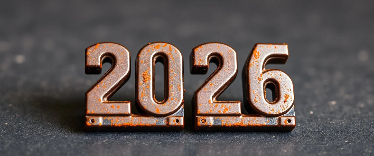 "2026" in squared block letters made of shiny and rusty metal on contrasting background