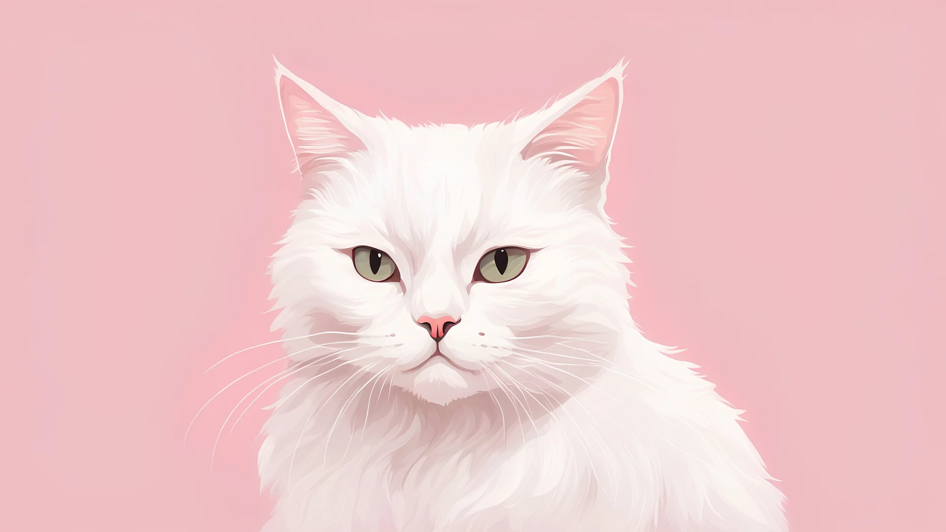 a Korean- style illustration of a white cat in front of a solid pastel pink background, flat, aesthetic, lots of white space