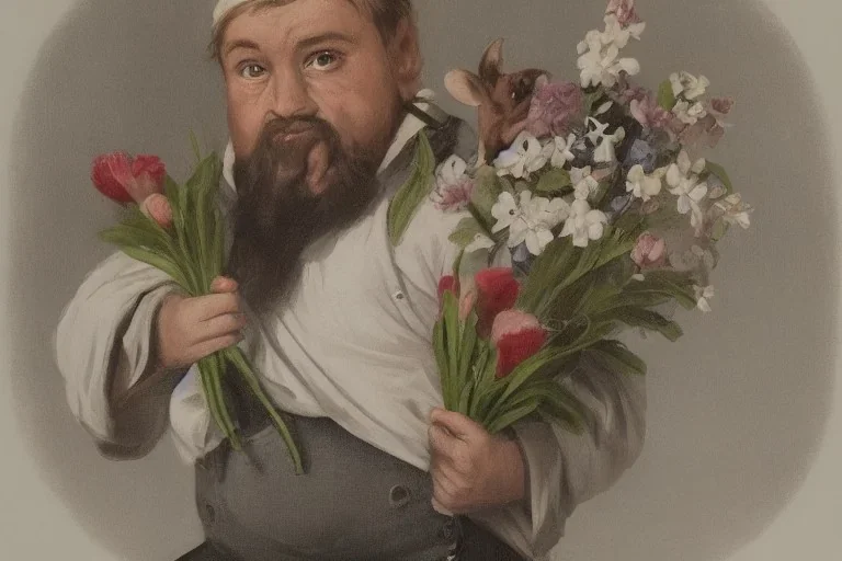 Portrait nain avec une coupe mulet, bouquet de fleur en main, air pervers et amoureux