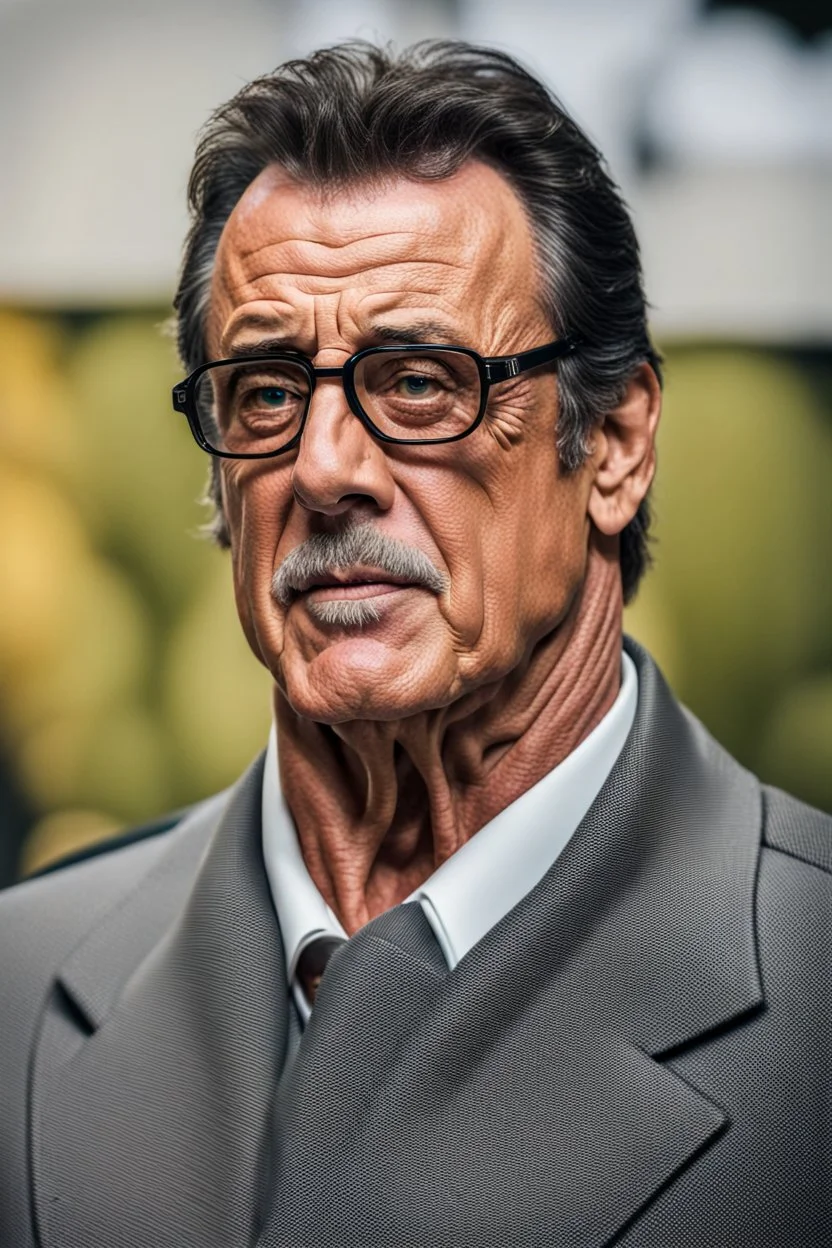 sylvester stallone, Photographed with Canon EOS R5, 50mm lens, depth of field, shutter speed 1/1000, f/2.8, white balance, 6000k. High resolution, realistic details, HDR effects, film grain, 4K