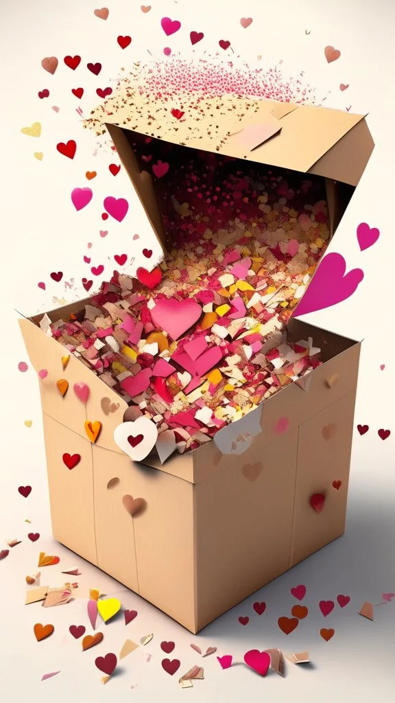 Open box stuffed with love letters, hearts, heart confetti, love explosion, art, drawing, very realistic, detailed, vibrant colors.