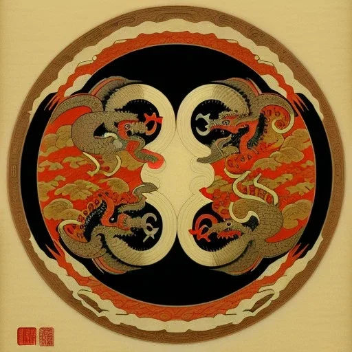 Ukiyo-e styled art, yin and yang sign,dragons