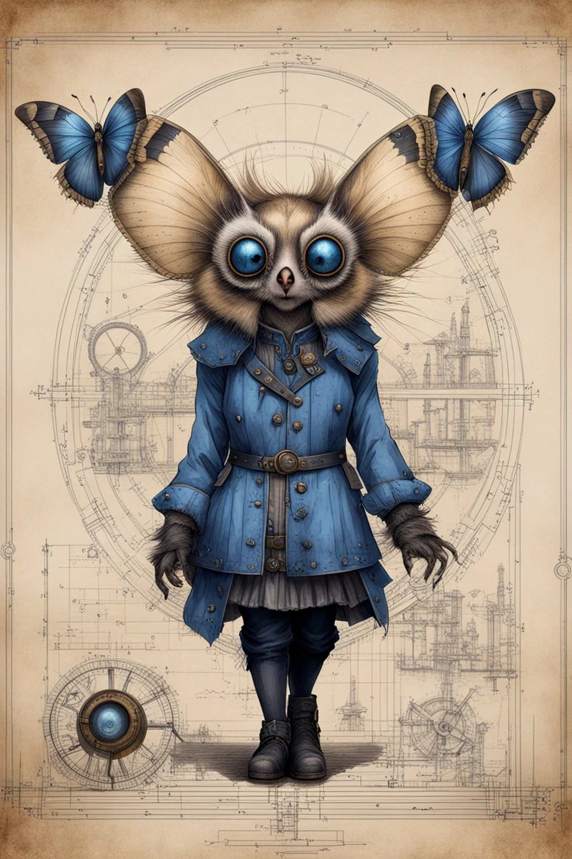 Jean-Baptiste Monge style 19th century hand drawn technical illustration with detailed blueprints and engineering schematics of a walking hybrid Polyphemus moth goth girl, with highly detailed facial features with multi cellular eyes, drawings, and technical notation, 8k, vibrant natural colors,