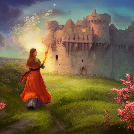  Castle into sky, with flowers of fire. Green clouds and birds. Shy girl going out of the main gate. Detailed painting, soft color, medieval, intricate detail, far sceen, complementary colors, medieval concept art, spring.