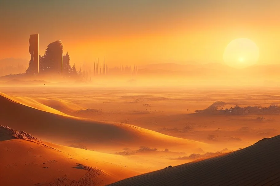 sunrise, distant city, sand, arid land, epic, sci-fi