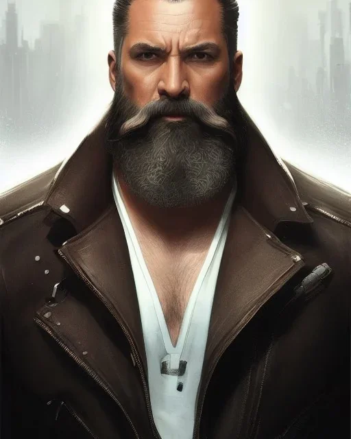 "MIddle aged white human male, with a trimmed but uneven beard, piercing eyes with slick back hair, full-scale head and shoulders portrait, 8k resolution concept art portrait by Greg Rutkowski, Artgerm, WLOP, Alphonse Mucha dynamic lighting hyperdetailed intricately detailed Splash art trending on Artstation triadic colors Unreal Engine 5 volumetric lighting Splash art fantasy"