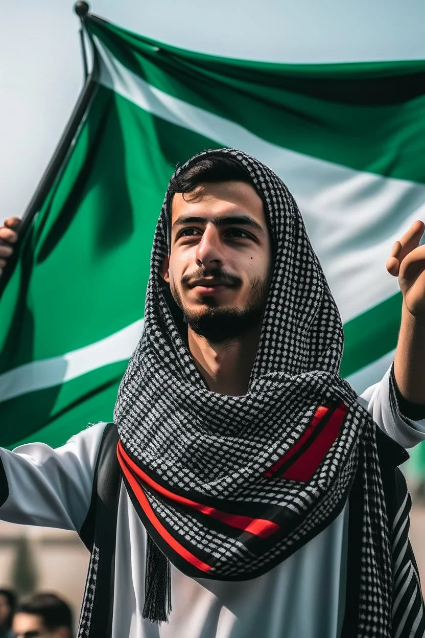 A young man stands and holds a large Palestinian flag in his hands and waves it while wearing a keffiyeh