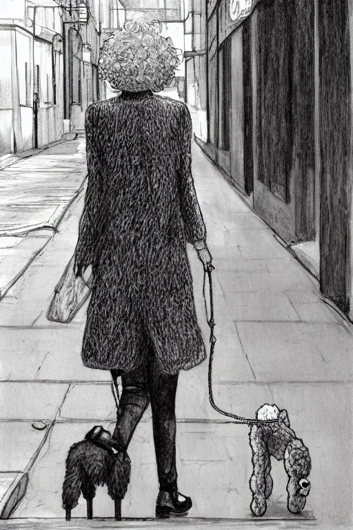 street, old lady with old poodle walking, model style, hyper realistic, accurate, delicate, extremely detailed, Graphic novel style, wide-angle, front view, open aperture, superfine pencil