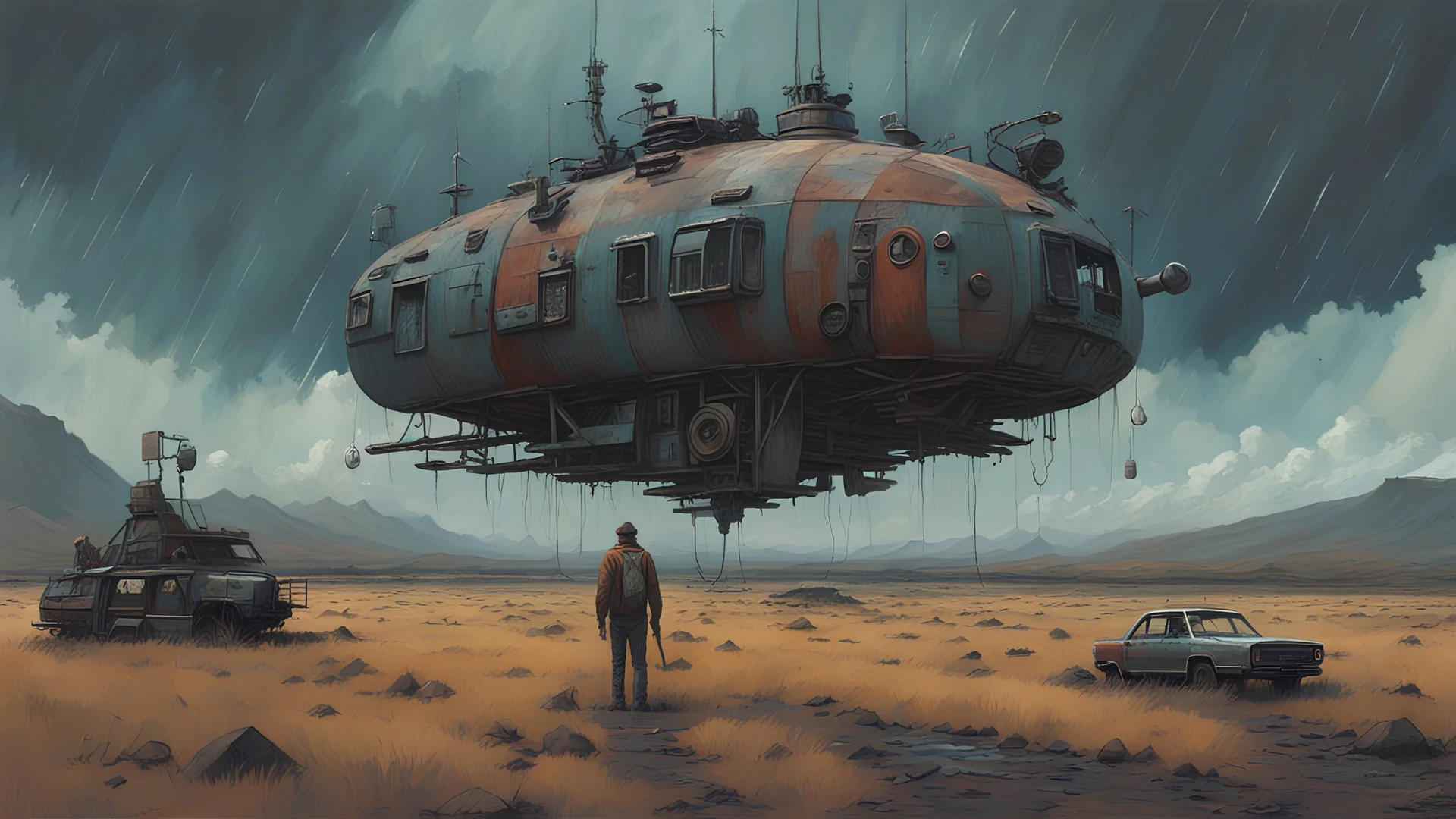 Science fiction painting, Denis Sarazhin Simon Stålenhag, Goro Fujita Nicolas Bruno, sinister skies, harsh survivalism, Peter Sallesen, Hamish Frater, ominous vibes