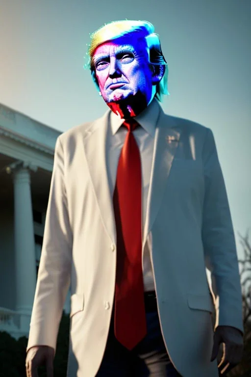 Ultra realistic image night, Donald trump zombie, suit, blood, torn arm, night, the walking dead style, dark ambient, highly detailed, White House background, concept art, unreal engine 5, ray tracing, RTX, ultra detail, volumetric lighting, high definition, high resolution.