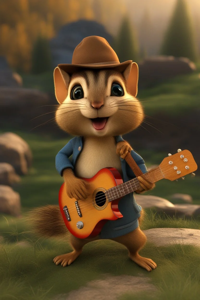 3d animated chipmunk, rockstar with guitar