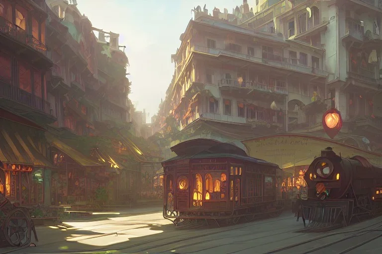 Hanoi train+traincorner building +A greengrocer in colorful genoa street+Italian medieval town +Italian city sea+alphonse mucha, greg rutkowski,matte painting, cryengine, hyper detailed, felix kelly, fantasy art, seb mckinnon