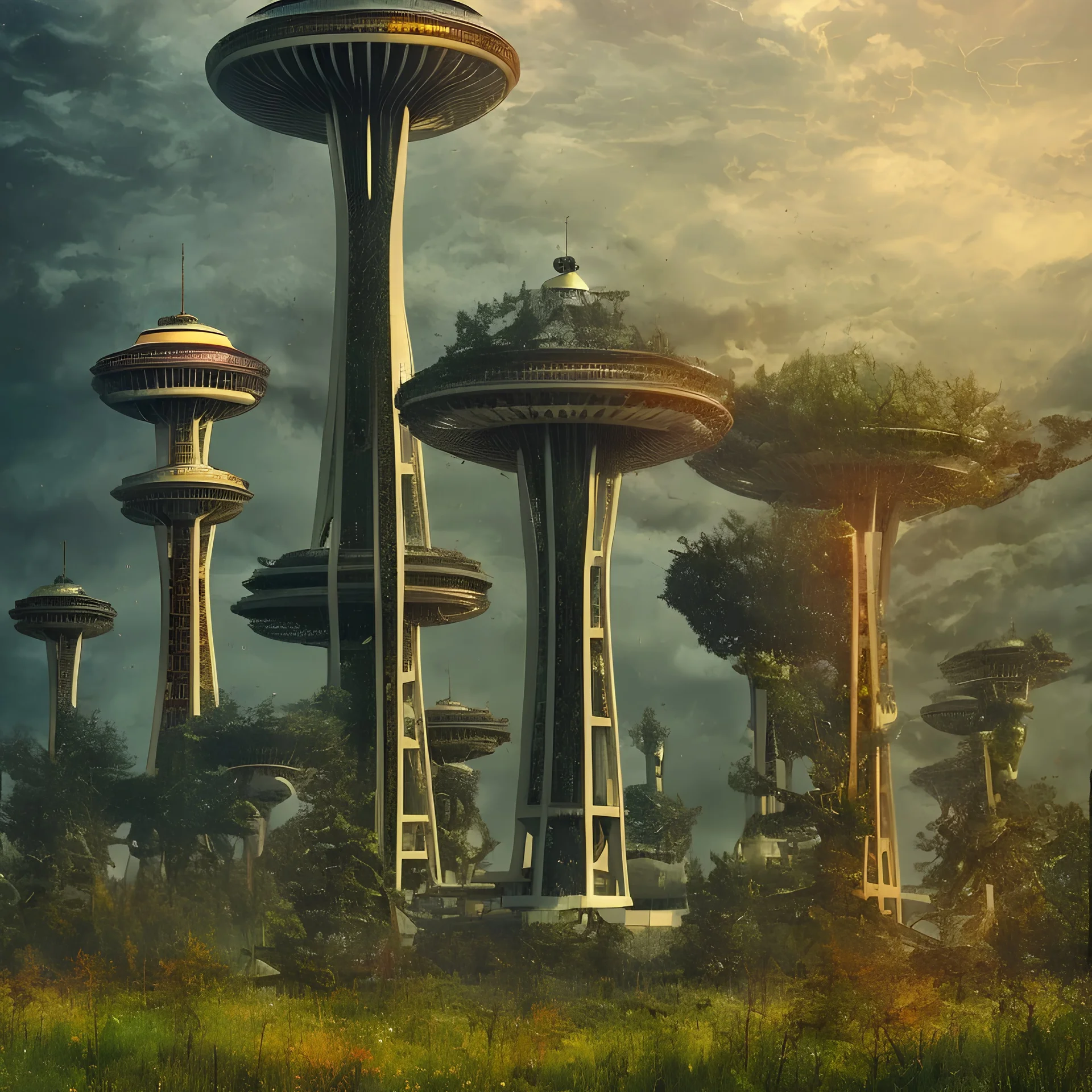 colorful vibrant fantasy image overgrown Seattle wasteland, retrofuture, atompunk, fifties, landscape, apocalypse, pine trees, space needle