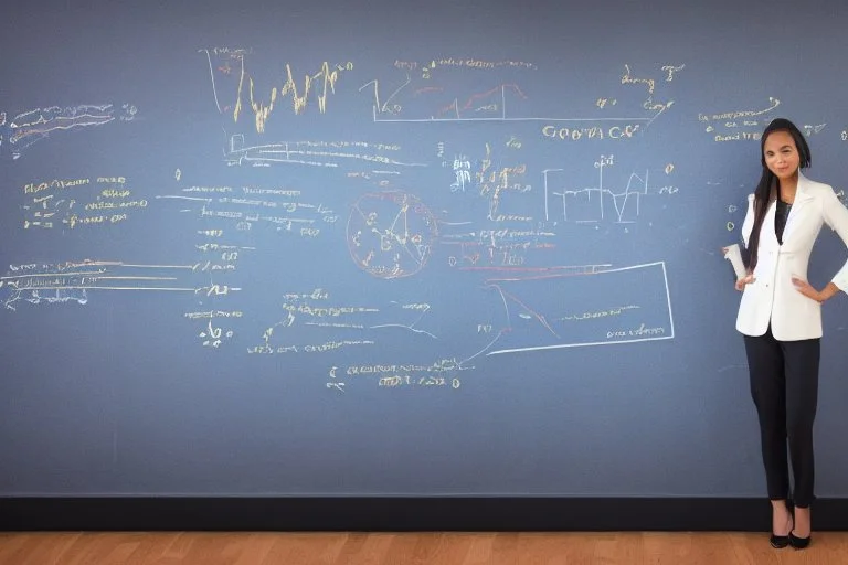 A pretty brown-haired, light-skinned woman in an elegant blue suit stands in a classroom in front of a blackboard with various charts and diagrams, in the sunlight