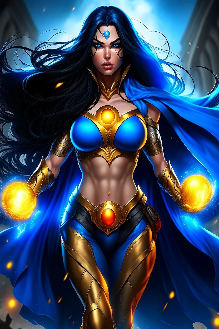 super hero woman, big body, good body, good ass, blue long hair, lighting plasma on hands and eyes, black and gold costume, rude mode, cape, splashed for blood, high quality details, intrincate details, street and moon background.