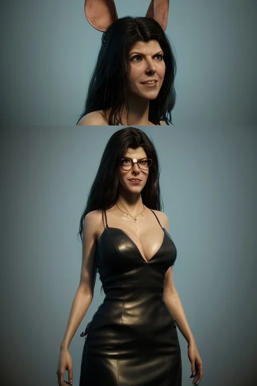 Marisa Tomei in black leather gown, evil, busty, cleavage, curvy, angry, happy, stern look. character design by cory loftis, fenghua zhong, ryohei hase, ismail inceoglu and ruan jia. unreal engine 5, artistic lighting, highly detailed, photorealistic, fantasy