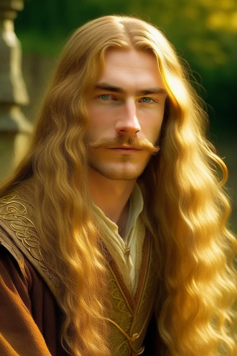 A young serene Lord Of The Rings like man with long golden hair that cascades gracefully, and a short beard. His open eyes, with blind pupils, reflect a depth of wisdom and inner peace. A gentle smile graces his face, adding warmth to his tranquil demeanor.