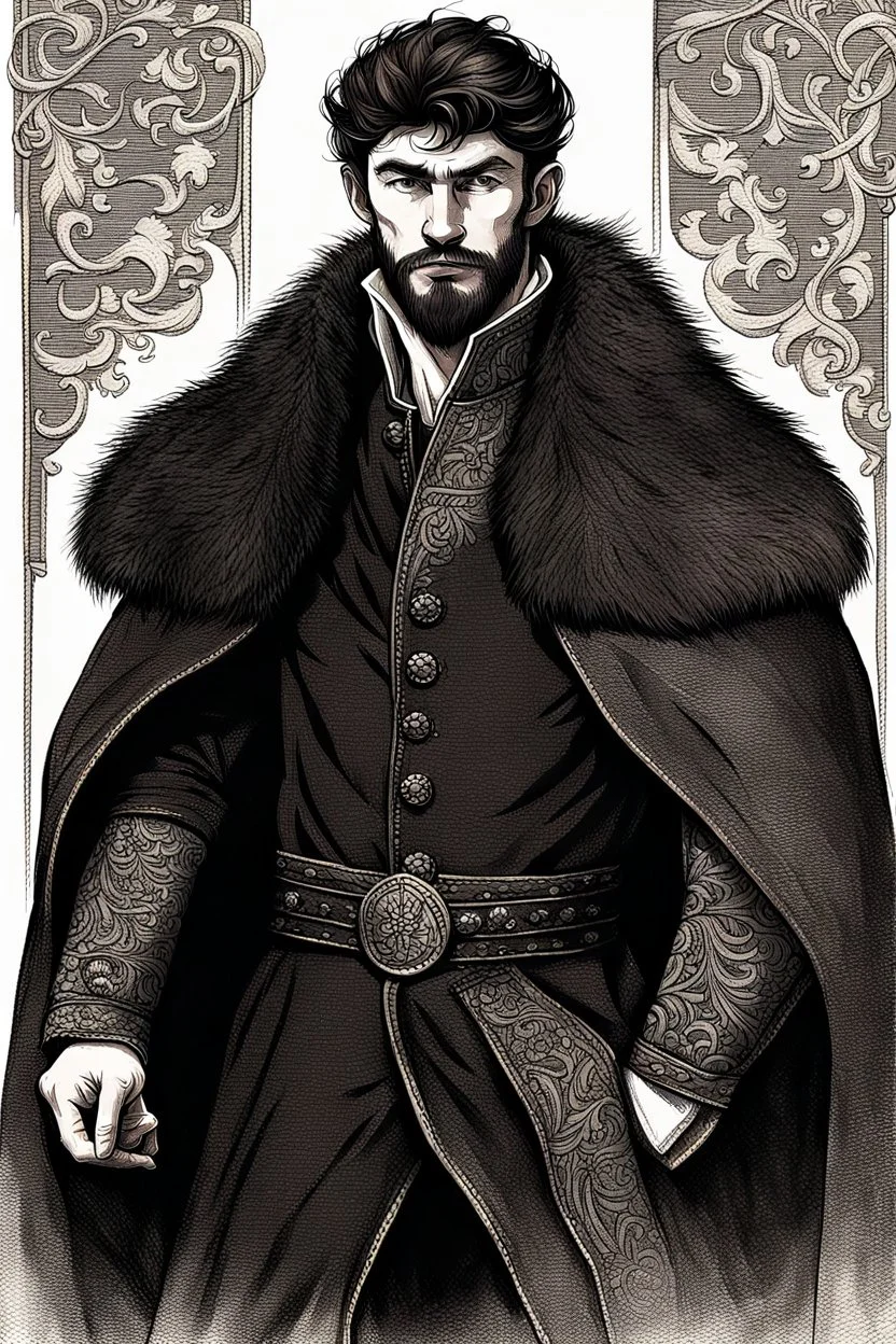 man, age 20, medieval, fighter, russian, croocked nose, czar, rich, simple clothes, short messy hair, thick beard, oligarch, leather coat with fur, brocade clothes, pencil drawing, black or red hair, muscles