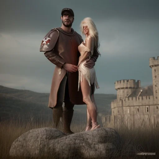 A photo realistic portrait of a stunning blonde girl and muscular dark haired man in a lovers embrace standing in front of a medieval castle