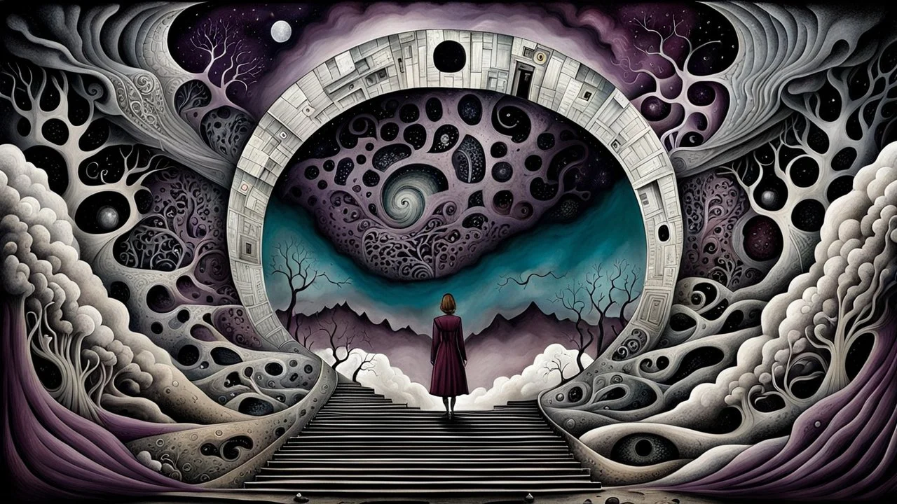 painted inner world with uncontrolled mind and neurodivergens soul, floating doors on sky, over surreal cracked weird empty land . no buildings, neverending stairs,. deep dark purple, gray, black, white, brown, malachit, cream color. Whimsical style of Redmer Hoekstra, of Anna Dittman. No people in picture, weird absurd beauty nightmare, black rawen, in background fade neuron network-web, surreal vibe, no humans