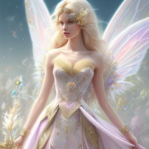 fairy princess, highly detailed, d & d, silk dress, fantasy, happy, smilling, enlighted, blond hair, illustration highly detailed, digital painting, trending on artstation, concept art, sharp focus, art by artgerm and greg rutkowski and magali villeneuve